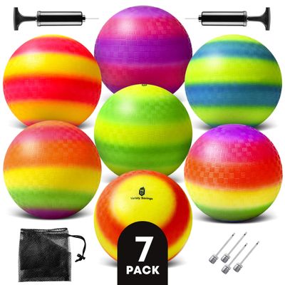 Variety Savings Pack of 7 with 2 Pumps & 4 Pins, Bouncy Balls for Kids Dodgeball Set 8.5 Inch Playground Balls Colored Official Size for Dodge Balls, Kickball, Handball, Camps and Schools