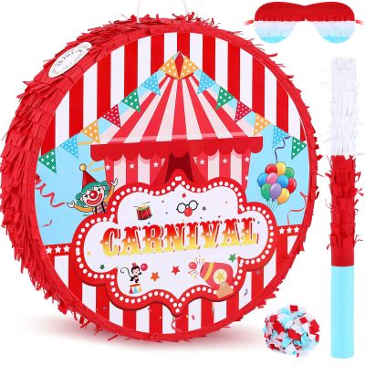 Deekin Large Carnival Piata Stick with Blindfold Confetti Set Circus Tent Piata for Birthday Carnival Theme Party Decorations Gaming Holiday Celebration Game Supply