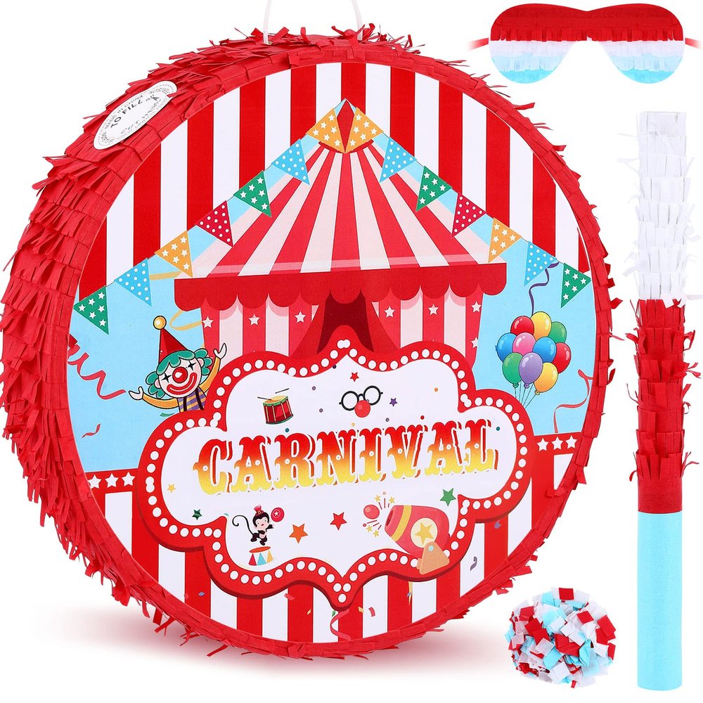 Deekin Large Carnival Piata Stick with Blindfold Confetti Set Circus Tent Piata for Birthday Carnival Theme Party Decorations Gaming Holiday Celebration Game Supply