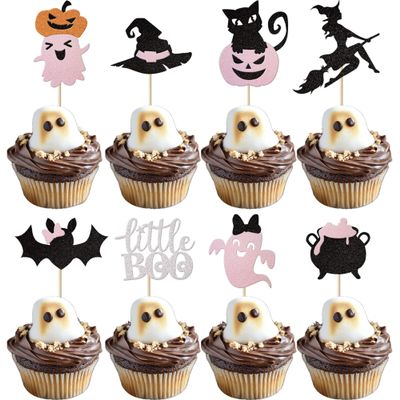 24 Pack Halloween Cupcake Toppers Glitter Pink Ghost Little Boo Bat Witch Cat Pumpkin Cupcake for Happy Halloween Theme Baby Shower Birthday Party Cake Decorations Supplies Pink