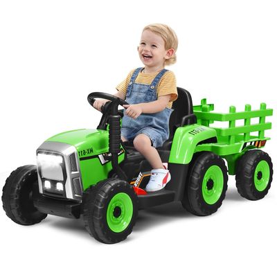 OLAKIDS 12V Kids Ride On Tractor, 2 in 1 Electric Vehicle with Remote Control, Detachable Trailer, Toddlers Battery Powered Driving Toy with 2 Speeds, Music, USB, Bluetooth, Lights (Green)