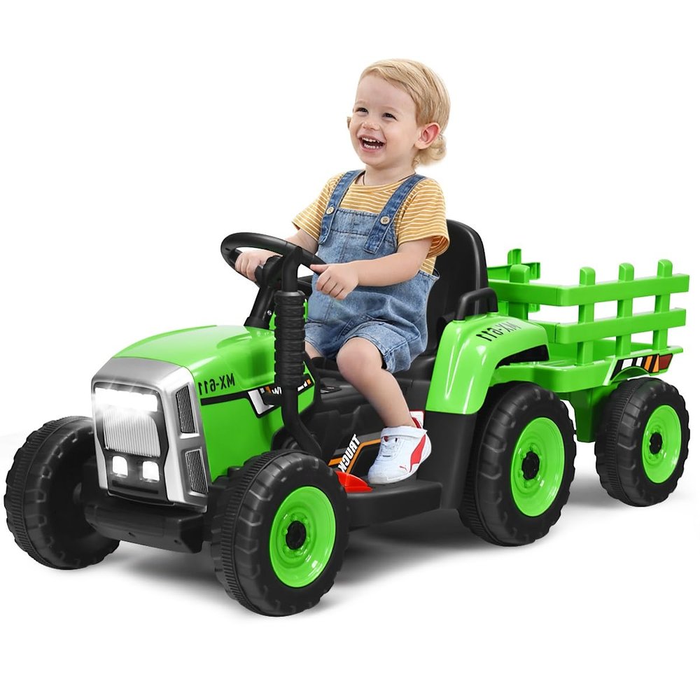 OLAKIDS 12V Kids Ride On Tractor, 2 in 1 Electric Vehicle with Remote Control, Detachable Trailer, Toddlers Battery Powered Driving Toy with 2 Speeds, Music, USB, Bluetooth, Lights (Green)