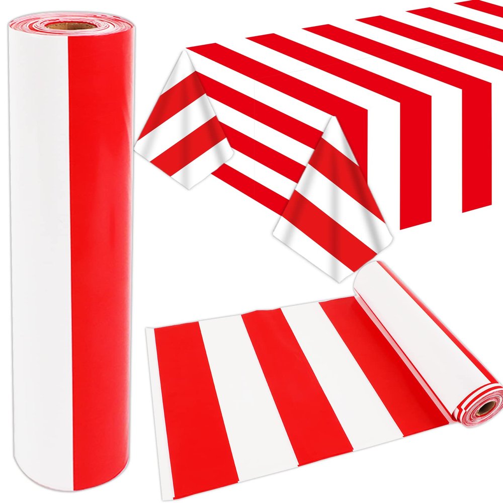 100Ft Long Tablecloth Roll Red and White Striped Tablecloth Carnival Circus Tent Party Supplies Halloween Christmas Plastic Picnic Table Cover for Birthday Party Circus Backdrop Banner Decoration