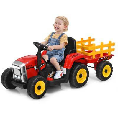 OLAKIDS 12V Kids Ride On Tractor, 2 in 1 Electric Vehicle with Remote Control, Detachable Trailer, Toddlers Battery Powered Driving Toy with 2 Speeds, Music, USB, Bluetooth, Lights (Red)