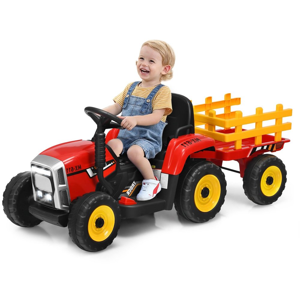 OLAKIDS 12V Kids Ride On Tractor, 2 in 1 Electric Vehicle with Remote Control, Detachable Trailer, Toddlers Battery Powered Driving Toy with 2 Speeds, Music, USB, Bluetooth, Lights (Red)