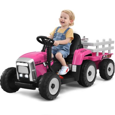 OLAKIDS 12V Kids Ride On Tractor, 2 in 1 Electric Vehicle with Remote Control, Detachable Trailer, Toddlers Battery Powered Driving Toy with 2 Speeds, Music, USB, Bluetooth, Lights (Pink)
