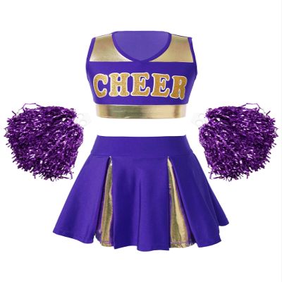 Agoky Kids Girls Cheerleading Uniform Dress Crop Top with Pleated Mini Skirt and Pom Poms Cheer Leader Dance Costume Outfits Purple 14 Years