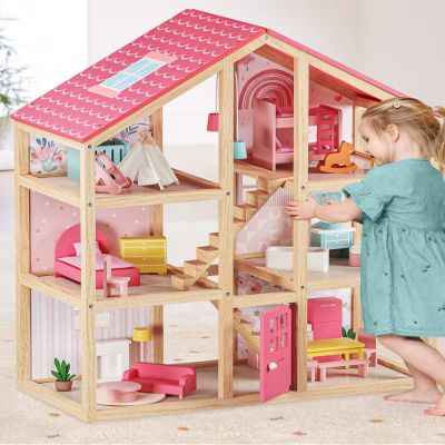 Tiny Land Wooden Dollhouse for Girls - 6 Rooms Wooden Doll House, DIY Pretend Doll House with 31Pcs Furniture Accessories, Creative Gift for Girl Ages 3+