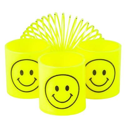 The Dreidel Company Smile Face Coil Spring, Bright Neon Yellow Happy Faces Magic Springy Toy for Kids, Party Favor, Birthday Parties, Carnival Prizes, Goody Bag Filler, 1.4" Inches (35MM) (24-Pack)