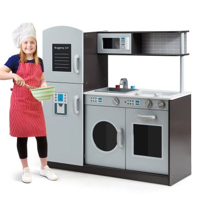 INFANS Wooden Kids Kitchen Playset,Toddler Kitchen Playset with Large Storage Cabinet, Simulated Sound, Sink, Microwave, Stovetop, Pretend Play Toddler Play Kitchen for Ages 3+ Boys Girls