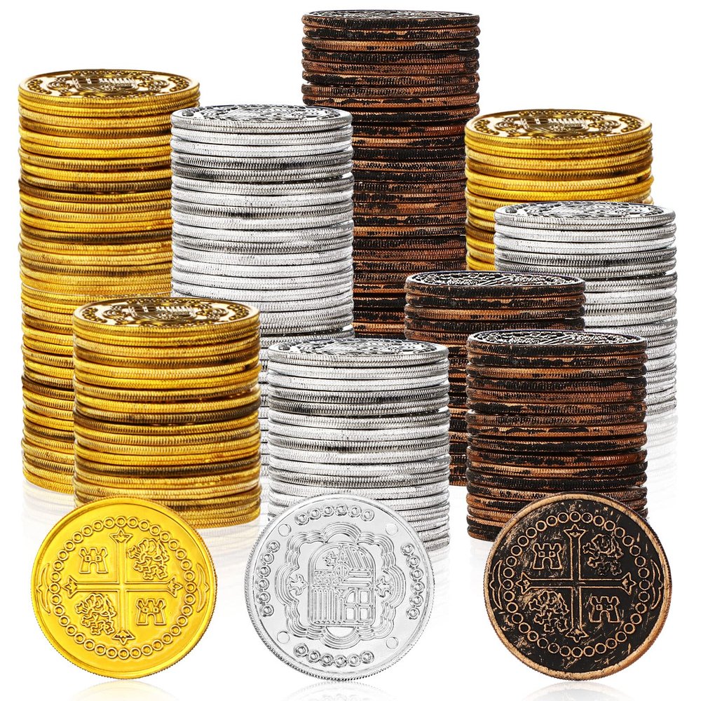 Hanaive 500 Pcs Plastic Pirate Gold Coins Spanish Doubloon Replicas Bulk Kids Fake Play Coins for Pirate Party Treasure Chest Board Games Tokens Toys Cosplay(Cross)
