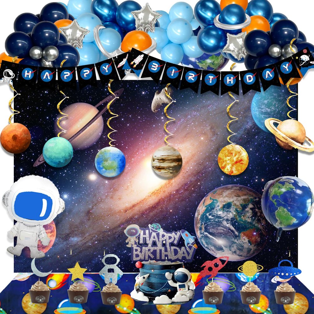 Hombae Space Birthday Party Decorations, Outer Space Galaxy Birthday Decorations Backdrop Balloon Garland Hanging Swirl Banner Tablecloth Cake Topper Solar System Planet Astronaut Rocket Blue