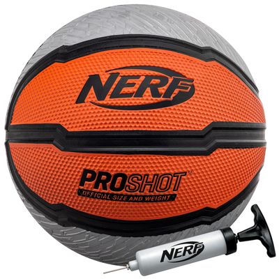 Nerf Indoor + Outdoor Basketball - Proshot Official Size 29.5" Basketball + Air Inflation Pump - Extra Grip for Gym + Driveway Hoops - Regulation B7 Ball - Black/Orange