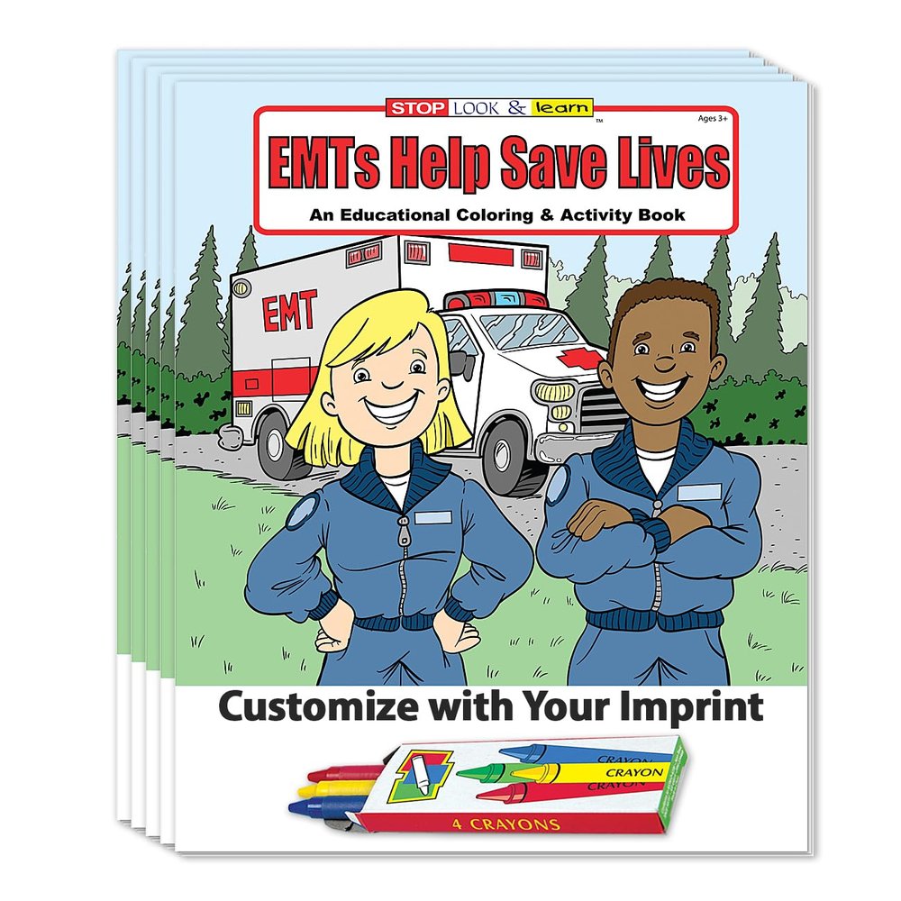 ZOCO Emergency EMS Workers Custom Coloring & Activity Books (250 Bulk Pack, With Crayons) Paramedics, Ambulance, 911 Handout for Kids