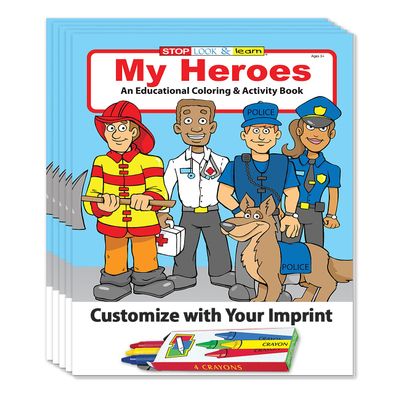 ZOCO  My Heroes  Police, Firefighter, EMS  Custom Promotional Coloring & Activity Books (250 Bulk Pack, With Crayons)  Community Outreach Handout for Kids