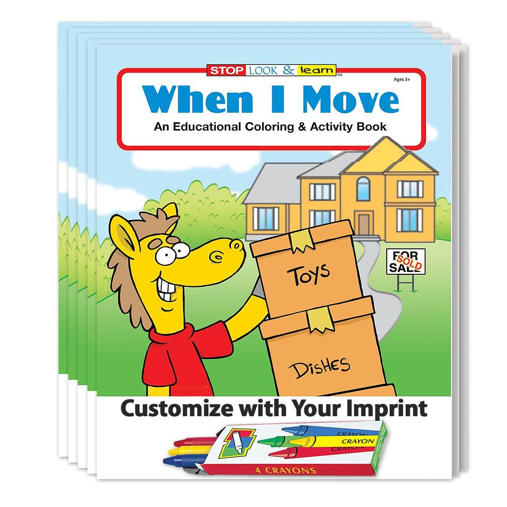 ZOCO  When I Move  Custom Promotional Coloring Books (250 Bulk Pack, with Crayons)  Realtor Handouts for Kids  Real Estate Marketing Materials