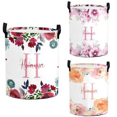 Personalized Baby Laundry Basket with Flower Custom Nursery Hamper with Names for Girl Foldable Storage Organizer with Handle for Bathroom Bedroom Living Room Decor