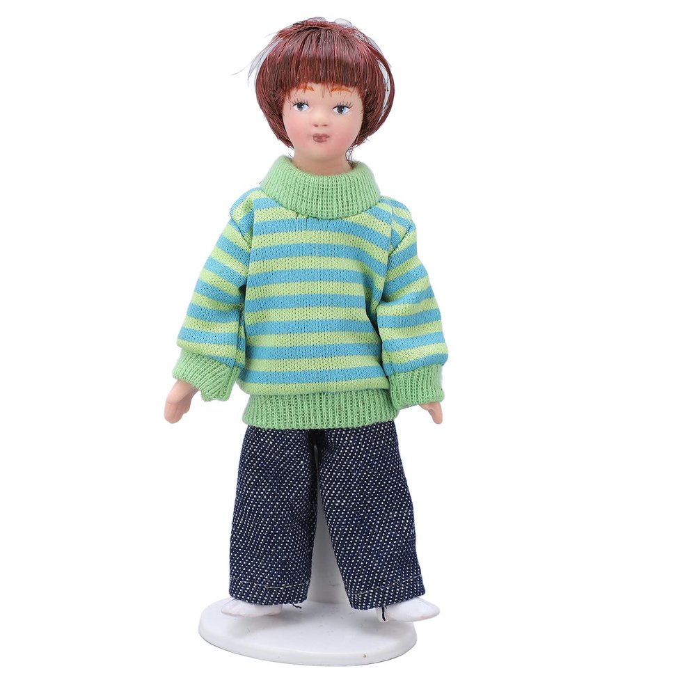 SPYMINNPOO Boy Doll, Miniature Boy Doll 1:12 Scale Green Sweater Brown Hair Mini Boy Figures for Decoration Children's Toys Humanoid Doll