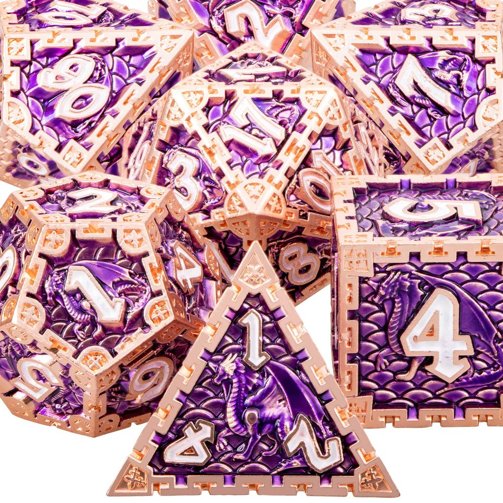 ARUOHHA DND Metal Dice Handmade Purple D and D Dice Gift Box, Dragon Design Polyhedral Role Playing Dice Set D20 D12 D10 D8 D6 D4