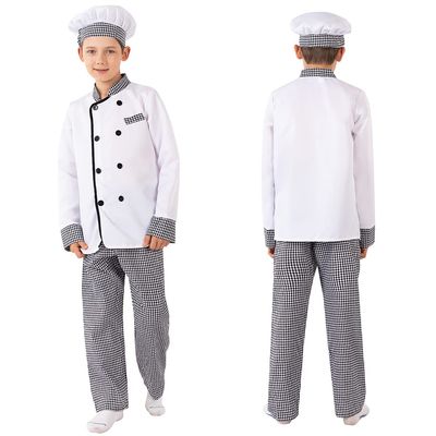 CAFELE Chef Costume for Kids Chef Coat Outfit Hats Tops Pants Halloween Party Masquerade Cook Cosplay for Boys Girls (plaid style, 8-10years)