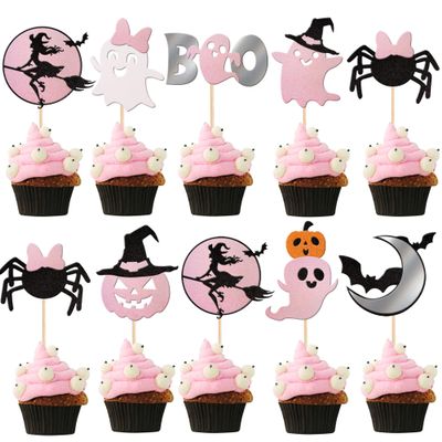 24 PCS Spooky Halloween Cupcake Toppers Pink Glitter Bat Pumpkin Spider Witch Ghost Boo Spooky Cupcake Picks for Halloween Theme Baby Shower Kids Birthday Party Cake Decorations Supplies