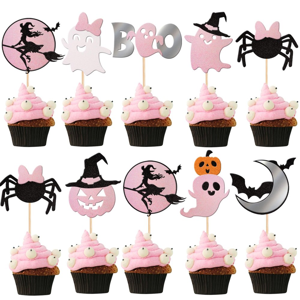 24 PCS Spooky Halloween Cupcake Toppers Pink Glitter Bat Pumpkin Spider Witch Ghost Boo Spooky Cupcake Picks for Halloween Theme Baby Shower Kids Birthday Party Cake Decorations Supplies