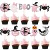 24 PCS Spooky Halloween Cupcake Toppers Pink Glitter Bat Pumpkin Spider Witch Ghost Boo Spooky Cupcake Picks for Halloween Theme Baby Shower Kids Birthday Party Cake Decorations Supplies view 1