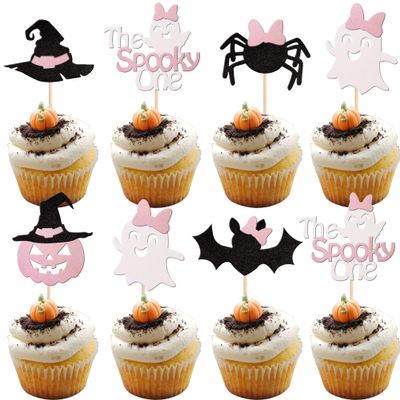 24 PCS Spooky One Halloween Cupcake Toppers Pink Black Glitter Bat Pumpkin Spider Witch Hat Spooky Cupcake Picks for Halloween Theme Baby Shower Kids 1st Birthday Party Cake Decorations Supplies
