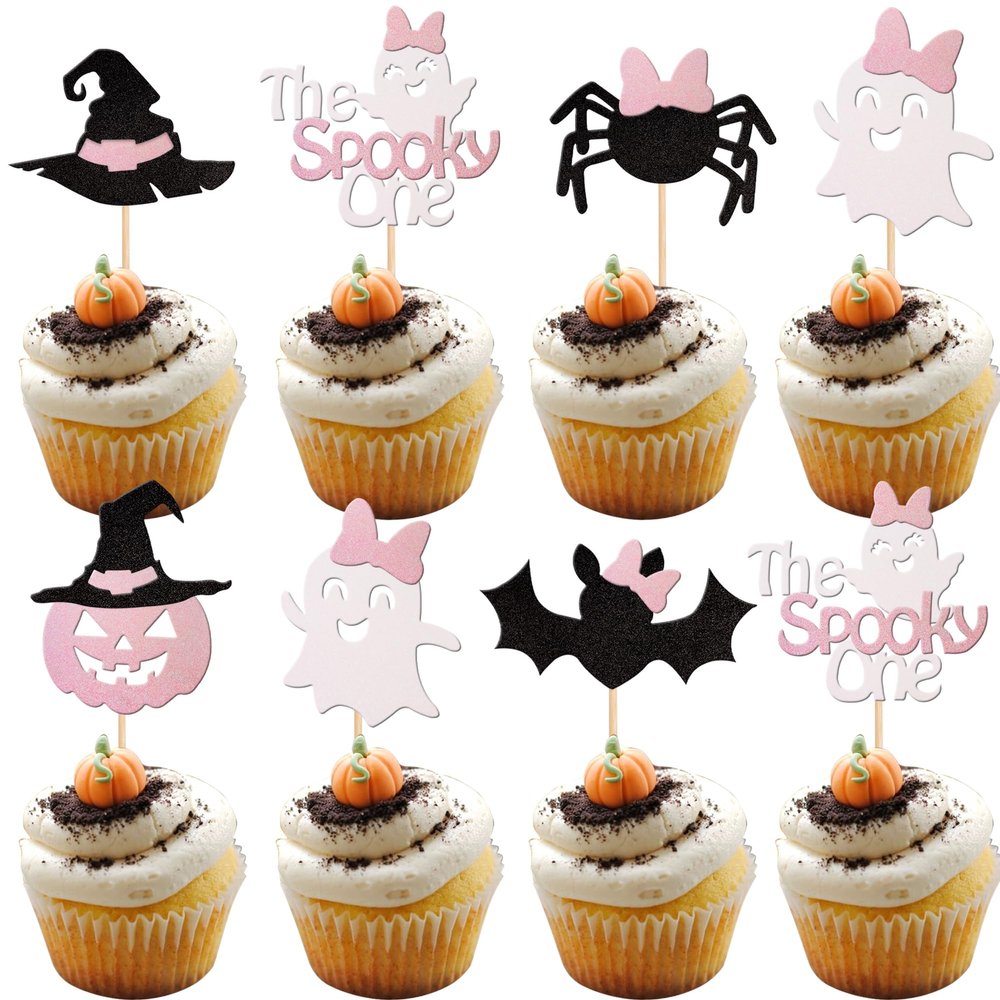 24 PCS Spooky One Halloween Cupcake Toppers Pink Black Glitter Bat Pumpkin Spider Witch Hat Spooky Cupcake Picks for Halloween Theme Baby Shower Kids 1st Birthday Party Cake Decorations Supplies