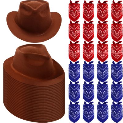 48 Pack Cowboy Hat and Bandana Set - Felt Party Hats with Western Bandanas for Boys and Girls (Brown, Red, Navy Blue)