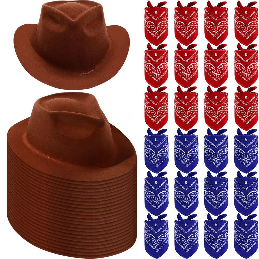48 Pack Cowboy Hat and Bandana Set - Felt Party Hats with Western Bandanas for Boys and Girls (Brown, Red, Navy Blue)