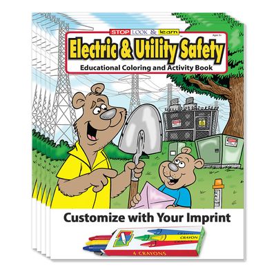 ZOCO  Electric & Utility Safety  Custom Promotional Coloring Books (250 Bulk Pack, With Crayons)  Handout for Kids  Add Your Imprint to the Front Cover