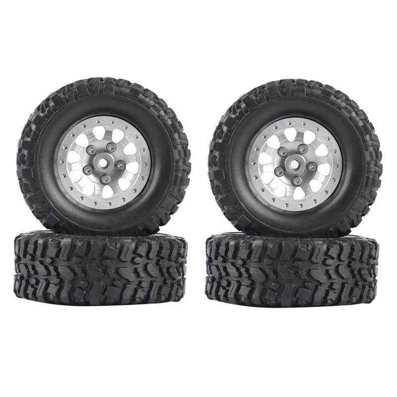 4Pcs Metal Beadlock Wheel Hub Rim and Rubber Tire Set for WPL C14 C24 B14 B24 B36 MN D90 MN99S RC Car Upgrade Parts ( Color : Silver )
