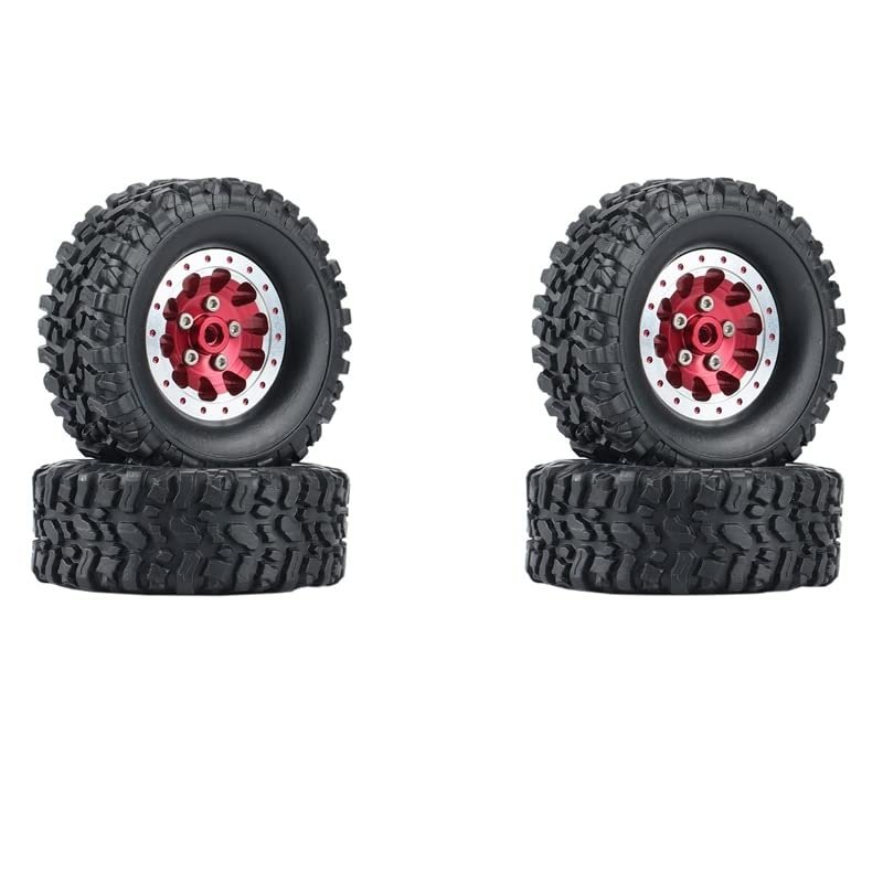 4Pcs Metal Beadlock Wheel Hub Rim and Rubber Tire Set for WPL C14 C24 B14 B24 B36 MN D90 MN99S RC Car Upgrade Parts ( Color : Red )