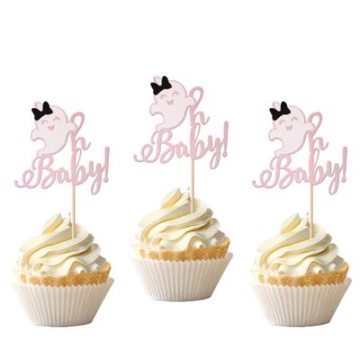 24 PCS Ghost Oh Baby Cupcake Toppers Glitter Gender Reveal Baby Shower Spooky Halloween Ghost Cupcake Picks for Halloween Theme Baby Shower Kids Birthday Party Cake Decorations Supplies Pink
