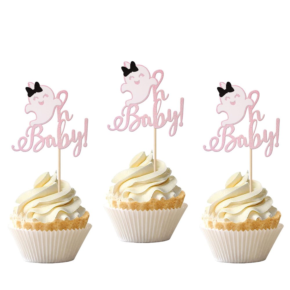 24 PCS Ghost Oh Baby Cupcake Toppers Glitter Gender Reveal Baby Shower Spooky Halloween Ghost Cupcake Picks for Halloween Theme Baby Shower Kids Birthday Party Cake Decorations Supplies Pink