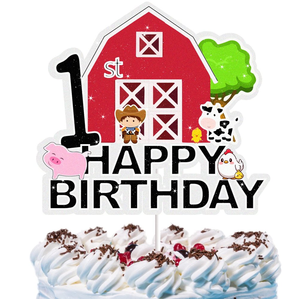 Farm Animal Cake Topper for Boys Girls Kids 1 Year Old Happy Birthday 1st Cake Decorations Cow Pig Cowboy Farmer Farmhouse Theme Party Supplies Red Glitter Cake Decor