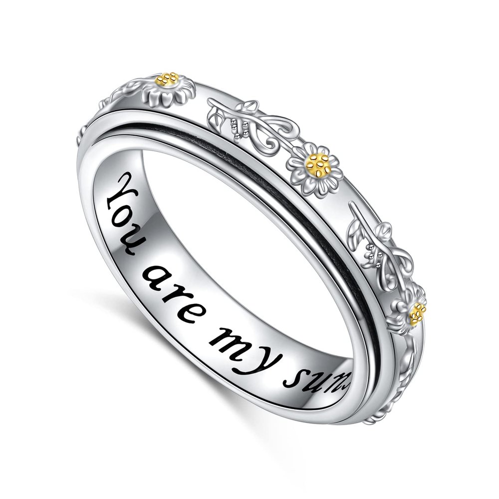 YinShan Anxiety Ring Daisy Sterling Silver Spinner Rings You Are My Sunshine Flower Fidget Ring ADHD Stress Relieving Ring for Women Size 6