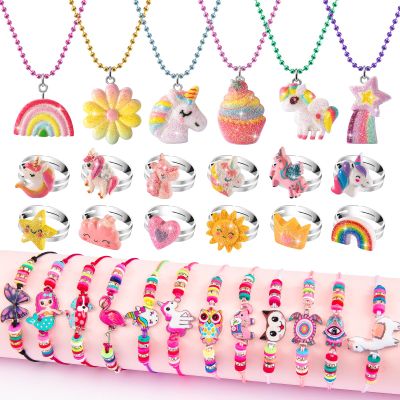 WESAYEE Kids Play Jewelry for Girls 4-6, Unicorn Necklace and Bracelet Set Ring for Little Girls Jewelry Ages 4-6 6-8, Toddler Birthday Gift Princess Dress Up for 5 6 3 8 7 4 Year Old