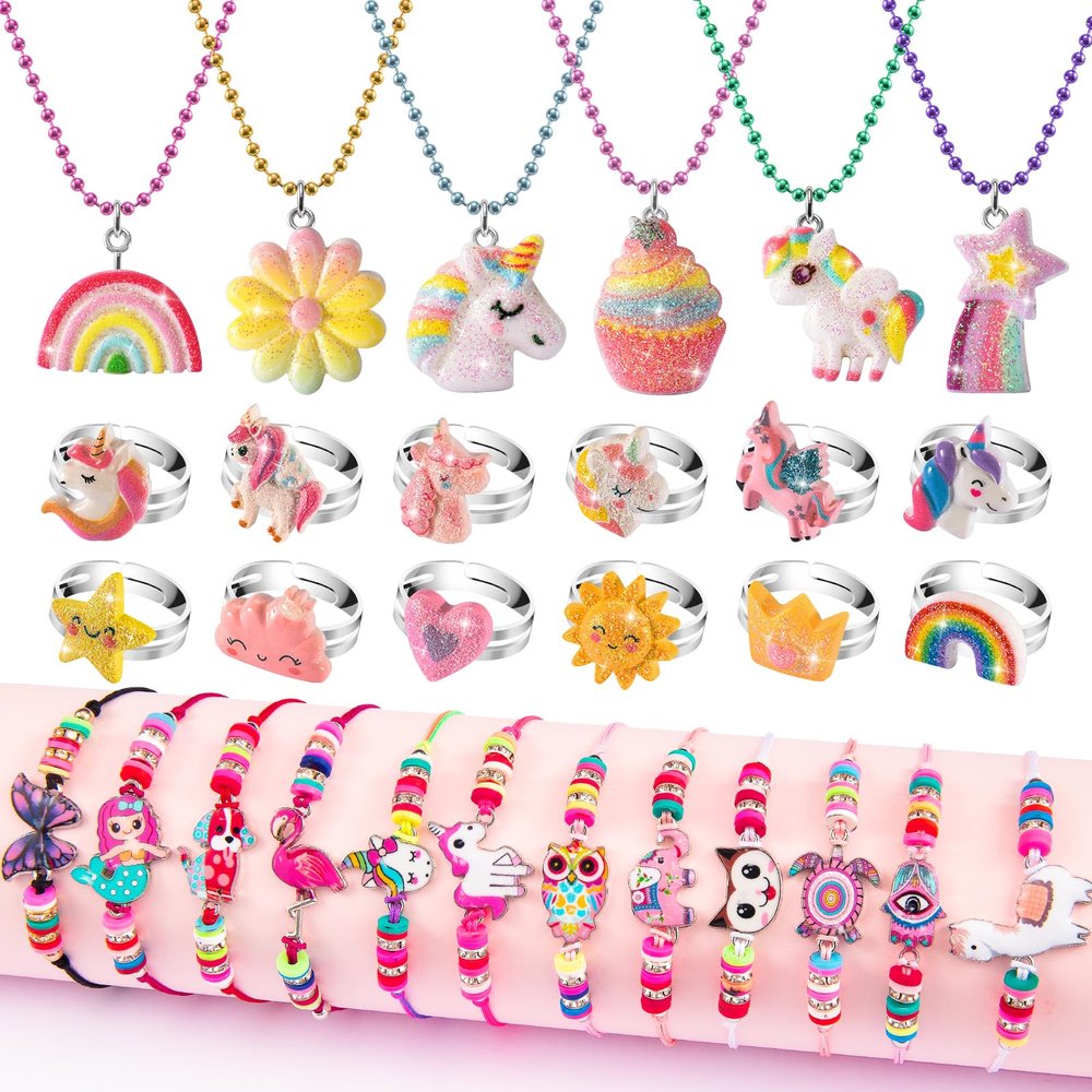 WESAYEE Kids Play Jewelry for Girls 4-6, Unicorn Necklace and Bracelet Set Ring for Little Girls Jewelry Ages 4-6 6-8, Toddler Birthday Gift Princess Dress Up for 5 6 3 8 7 4 Year Old