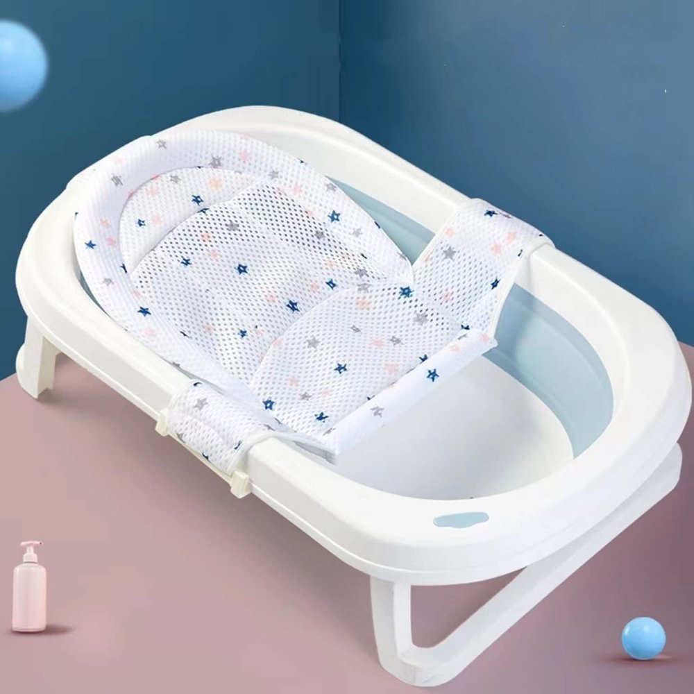 0-18 Months Newborn Bathtub Mat Adjustable Shower Mesh Seat Support Net All-Round Fixed Tub Cushion Seat Baby Bath Pillow Star-White