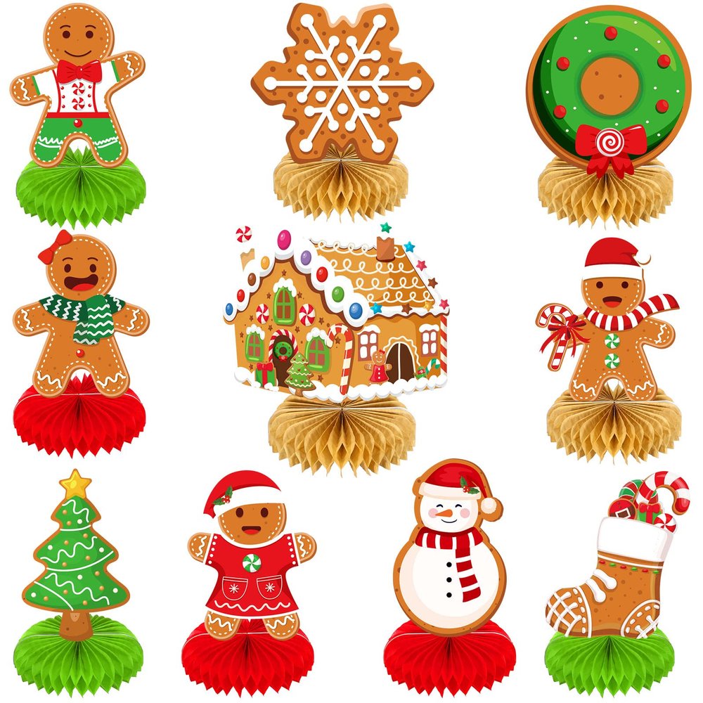 10 Pieces Christmas Gingerbread Man Party Ornaments Decorations Merry Xmas Gingerbread Man Snowflake Snowman Party Honeycomb Centerpieces Christmas Party Table Toppers Double Sided Dcor for Merry
