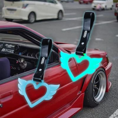 Auto Car Accessory 2Pcs ANGEL WING Heart Glow In Dark Blue TSURIKAWA Ring Subway Train Bus Handle Style_8888