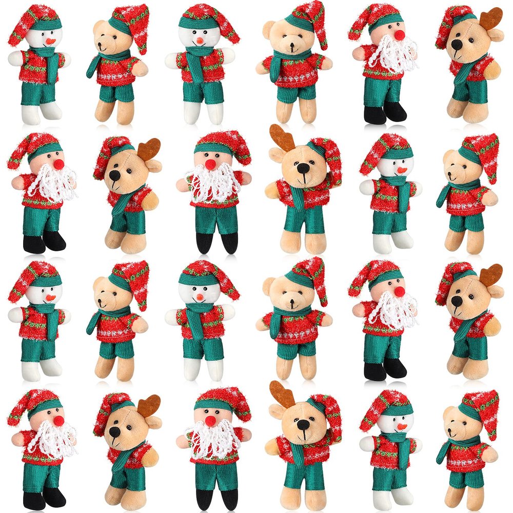 24 Pcs 4.72 Inch Christmas Mini Bear Stuffed Animal Christmas Tree Decorations Mini Plush Toy Santa Reindeer Bear Snowman Ornaments Stuffed Animal for Home Xmas Tree Party Hanging Decorations