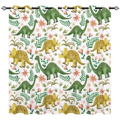 ANHOPE Dinosaur Curtains - Kids Boys Cute Dino Tropical Leaves Flowers Animals Print Pattern Waterproof Grommet Window Drapes for Children Toddler Nursery Baby Bedroom Playroom 2 Panels W42 x L63