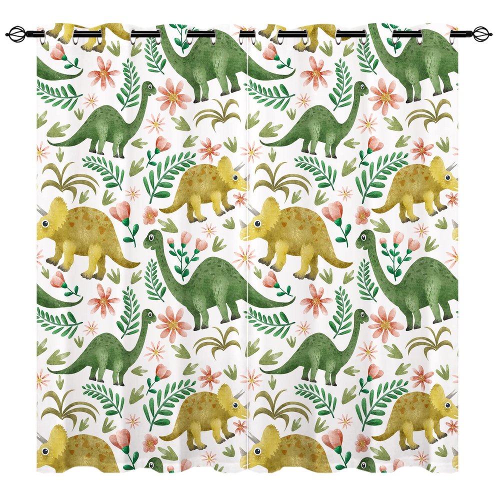 ANHOPE Dinosaur Curtains - Kids Boys Cute Dino Tropical Leaves Flowers Animals Print Pattern Waterproof Grommet Window Drapes for Children Toddler Nursery Baby Bedroom Playroom 2 Panels W42 x L63
