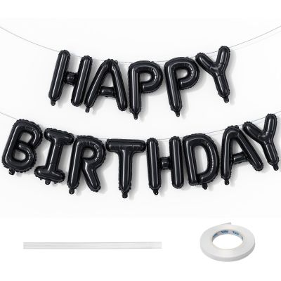 16 Inch Happy Birthday Banner Balloon - Black Letters Foil Balloons With Ribbon, Self Inflating Letter Balloon Bunting for Men Women Birthday Party Decorations Supplies