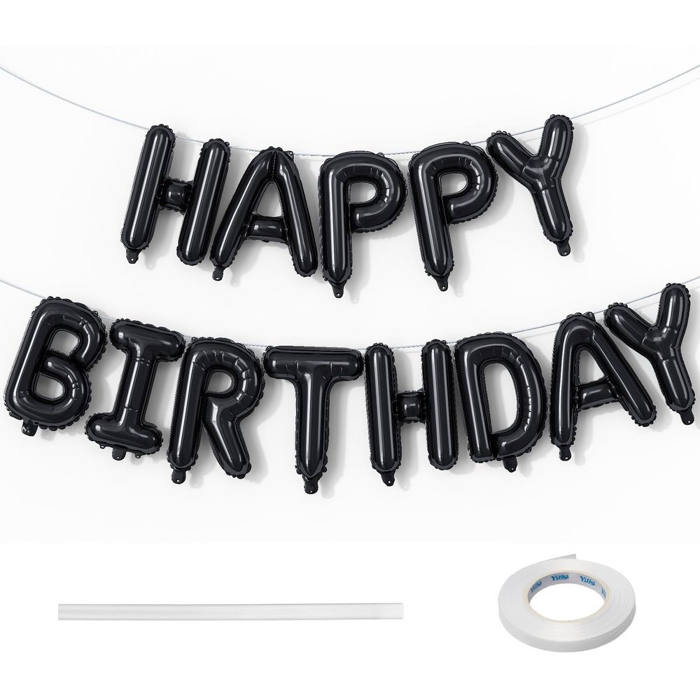 16 Inch Happy Birthday Banner Balloon - Black Letters Foil Balloons With Ribbon, Self Inflating Letter Balloon Bunting for Men Women Birthday Party Decorations Supplies