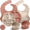 10 Pack Silicone Baby Feeding Set, Toddlers Led Weaning Feeding Supplies with Suction Baby Bowl Divided Plate Adjustable Bib Soft Silicone Spoon Fork, Infant Self Eating Utensil Set (Beige, Orange) view 1