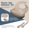 10 Pack Silicone Baby Feeding Set, Toddlers Led Weaning Feeding Supplies with Suction Baby Bowl Divided Plate Adjustable Bib Soft Silicone Spoon Fork, Infant Self Eating Utensil Set (Gray, Khaki) view 3